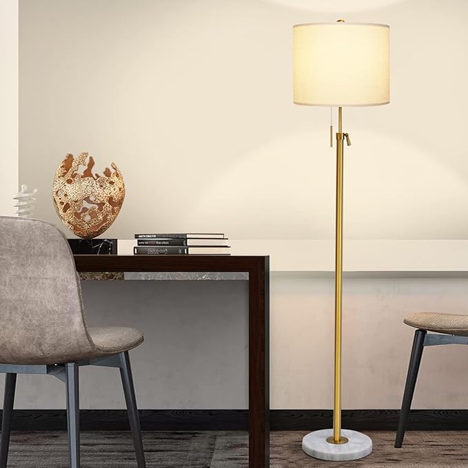 Modern Floor Lamp for Living Room, Adjustable Height Standing Lamp with Marble Base, 3-Way Dimmable Gold Brass Tall Pole Light with White Linen Shade for Reading, Bedroom, Chain Switch, Bulb Included - LeafyLoom
