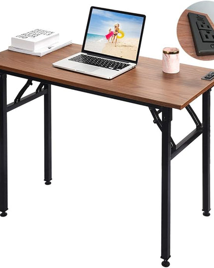 Frylr Small Folding Computer Desk 31.5''LX 15.7''X 29'' with 2 Power Sockets and 2.1A USB Charging Ports, Home Office Desk Portable Writing Desks for Small Space, Foldable Desk, Walnut - LeafyLoom