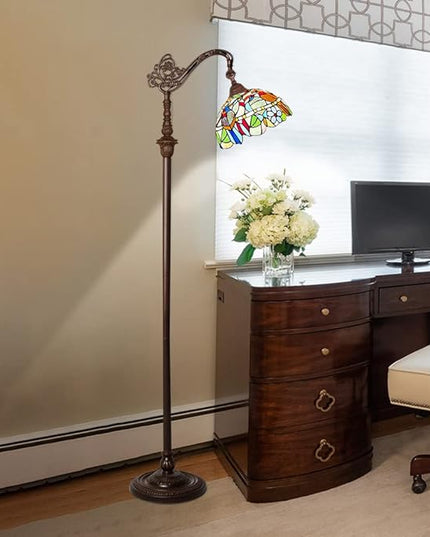 Capulina Tiffany Floor Lamp Antique Cardinal Birds Style Stained Glass Soft Light Arched Gooseneck Adjustable Angle Reading Standing Lamp for Living Room Bedroom Home Office - LeafyLoom