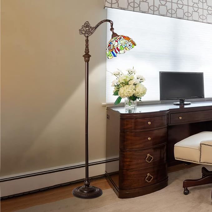 Capulina Tiffany Floor Lamp Antique Cardinal Birds Style Stained Glass Soft Light Arched Gooseneck Adjustable Angle Reading Standing Lamp for Living Room Bedroom Home Office - LeafyLoom