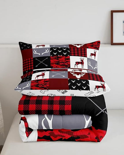 Deer Silhouette Comforter Set Full Size,Antler Arrow Grid Stripe Design Bedding Duvet 3pcs for Kids Teens Adult Boys Girls Home Room Decoration, Camouflage Christmas Style Red Quilt Set - LeafyLoom