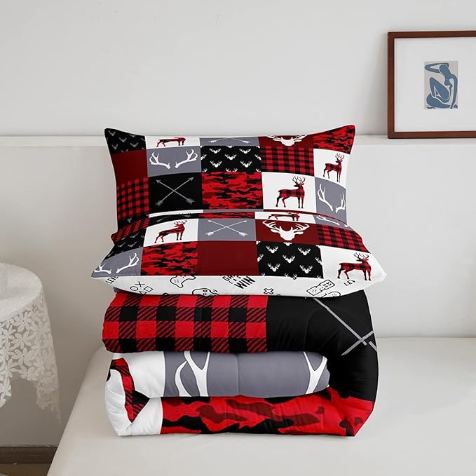 Deer Silhouette Comforter Set Twin Size,Antler Arrow Grid Stripe Design Bedding Duvet 2pcs for Kids Teens Adult Boys Girls Home Room Decoration, Camouflage Christmas Style Red Quilt Set - LeafyLoom