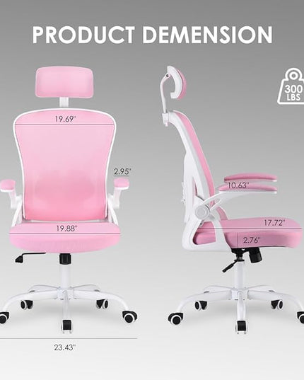 Farini Ergonomic Office Chair, Home Office Desk Chair with Headrest, High Back Computer Chair with Flip-up Armrests and Adjustable Lumbar Support for Home Office Study Room Bedroom, Pink. - LeafyLoom