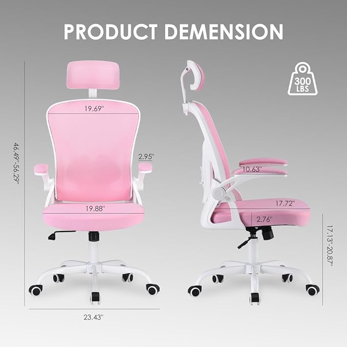 Farini Ergonomic Office Chair, Home Office Desk Chair with Headrest, High Back Computer Chair with Flip-up Armrests and Adjustable Lumbar Support for Home Office Study Room Bedroom, Pink. - LeafyLoom