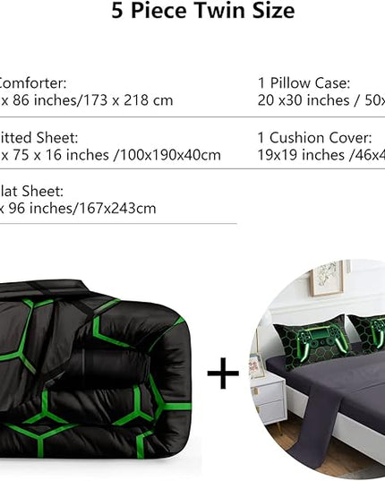 5 Pieces Gaming Bedding Set for Boys Gamer Comforter Set Twin Size,Video Game Comforter for Kids Teen 3D Gaming Geometric Microfiber Bedding Sets 5 Pieces Bed in A Bag Sets H50021,Twin - LeafyLoom