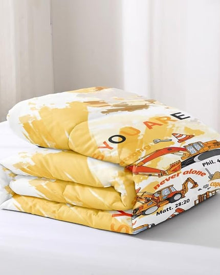 Kids Construction Vehicles Truck Comforter for Boys Queen,Cartoon Car Excavator Tractor Bedding Set,Construction Christian Spirational Quotes Comforter with 2 Pillowcases Yellow - LeafyLoom