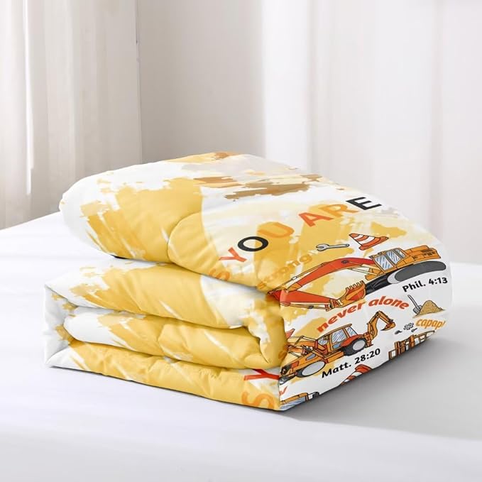 Kids Construction Vehicles Truck Comforter for Boys Queen,Cartoon Car Excavator Tractor Bedding Set,Construction Christian Spirational Quotes Comforter with 2 Pillowcases Yellow - LeafyLoom