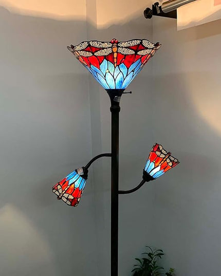 Bieye L10837 Dragonfly Tiffany Style Stained Glass Torchiere Floor Lamp with Sidelights for Reading, 70-inches Tall (Dragonfly, Red Blue) - LeafyLoom