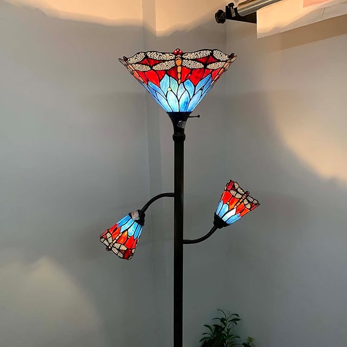 Bieye L10837 Dragonfly Tiffany Style Stained Glass Torchiere Floor Lamp with Sidelights for Reading, 70-inches Tall (Dragonfly, Red Blue) - LeafyLoom