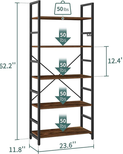 Yoobure 5 Tier Bookshelf - Tall Book Shelf Modern Bookcase for CDs/Movies/Books, Rustic Book Case Industrial Bookshelves Book Storage Organizer for Bedroom Home Office Living Room Rustic Brown - LeafyLoom