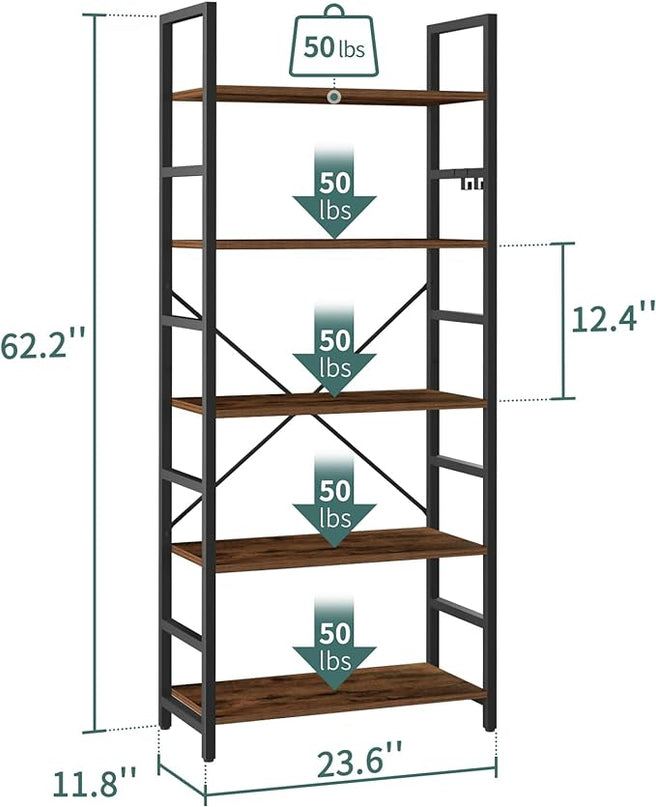 Yoobure 5 Tier Bookshelf - Tall Book Shelf Modern Bookcase for CDs/Movies/Books, Rustic Book Case Industrial Bookshelves Book Storage Organizer for Bedroom Home Office Living Room Rustic Brown - LeafyLoom