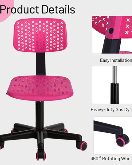 Desk Chair Armless Cute Office Chair, Low Back Rolling Home Office Task Chair Adjustable Swivel Study Chair for Girls Teens Adults Children Kids, Pink - LeafyLoom
