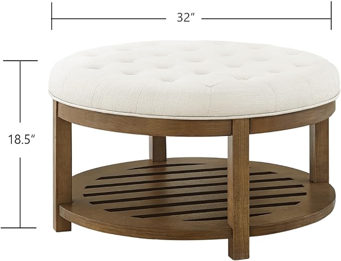 24KF Large Round Upholstered Tufted Linen Ottoman Coffee Table, Large Footrest Ottoman with Wood Shelf Storage-Ivory - LeafyLoom