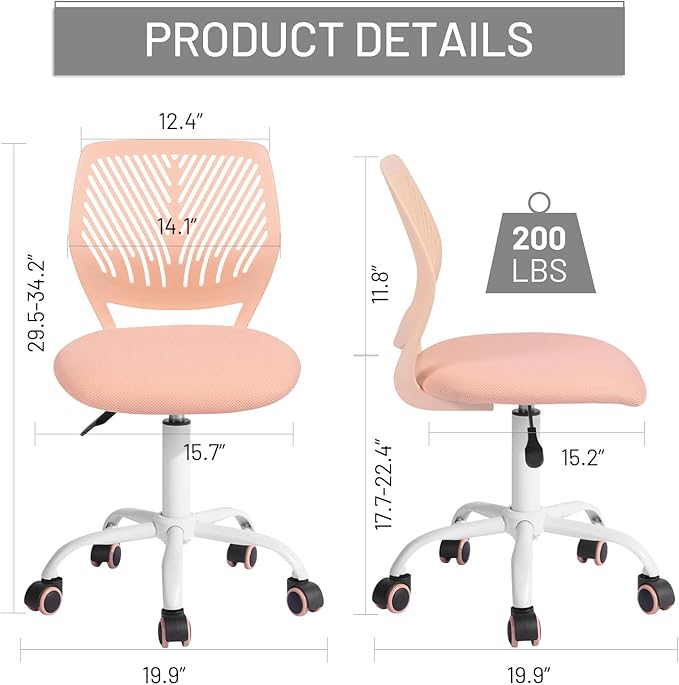 FurnitureR Desk Chair Small Study Chairs Armless for Child Kids Teens, Swivel Rolling Lightweight Task Chair with Wheels and Mesh Padded Cushion, Orange Rose - LeafyLoom