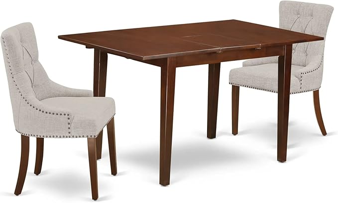 East West Furniture NOFR3-MAH-05 Norfolk 3 Piece Kitchen Set Contains a Rectangle Dining Room Table with Butterfly Leaf and 2 Doeskin Linen Fabric Parsons Chairs, 32x54 Inch - LeafyLoom