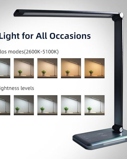 LED Desk Lamp with Wireless Charger, Dimmable Table Lamp Reading Lamp with USB Charging Port, 5 Lighting Modes, Auto-Off Timer, Study Lamp, Eye-Caring Office Lamp with Night Light - LeafyLoom