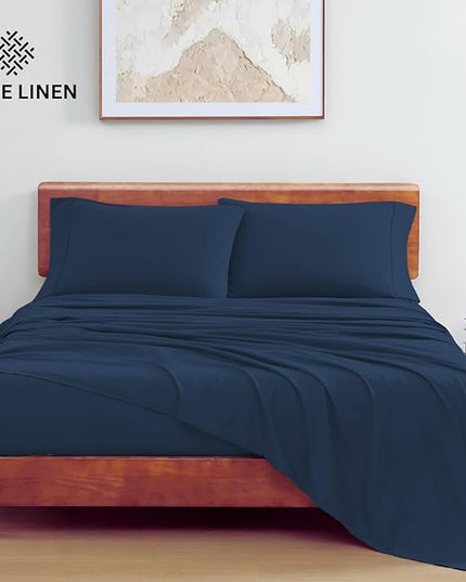 LANE LINEN 100% Organic Cotton Twin Bed Sheet Set, 3 Pc Twin Size Sheet Set, Soft & Breathable Twin Sheet Set Boys, Hotel Style Bedding Sheets & Pillowcases, 15" Deep Twin Fitted Sheet - Estate Blue - LeafyLoom
