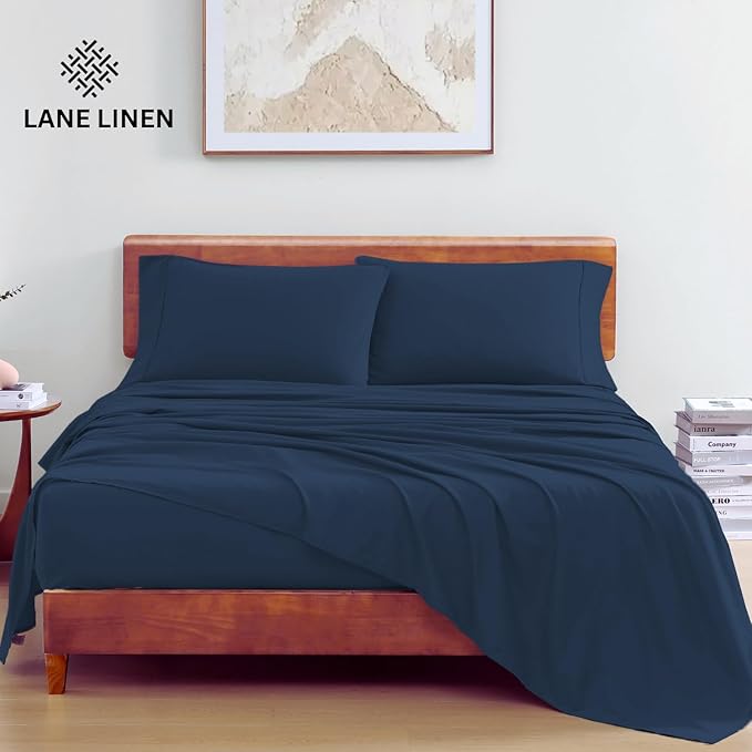 LANE LINEN 100% Organic Cotton Twin Bed Sheet Set, 3 Pc Twin Size Sheet Set, Soft & Breathable Twin Sheet Set Boys, Hotel Style Bedding Sheets & Pillowcases, 15" Deep Twin Fitted Sheet - Estate Blue - LeafyLoom