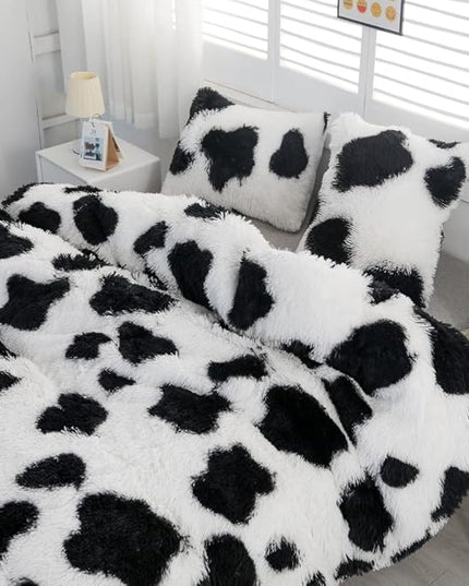 Faux Fur Kids Girls Cow Print Comforter Sets Queen - 3PC Bed Set Warm Comfortable Soft Plush Flannel Velvet Fluffy Fuzzy Bedding（Comforter x 1 Pillowcases x 2） - LeafyLoom