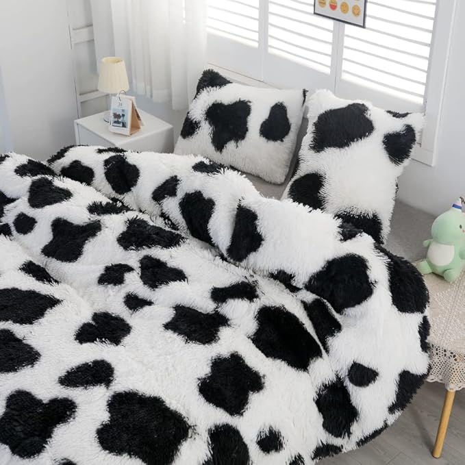 Faux Fur Kids Girls Cow Print Comforter Sets Queen - 3PC Bed Set Warm Comfortable Soft Plush Flannel Velvet Fluffy Fuzzy Bedding（Comforter x 1 Pillowcases x 2） - LeafyLoom