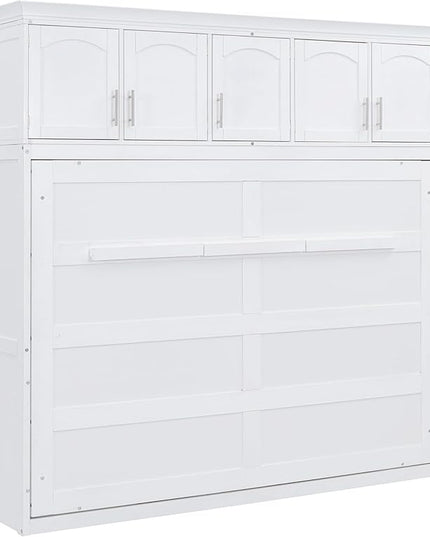 Merax Farmhouse Solid Wood Murphy Bed Chest with Top Cabinets, Storage Wall Platform Bed with Wood Slat Support/Space Saving Queen,White - LeafyLoom