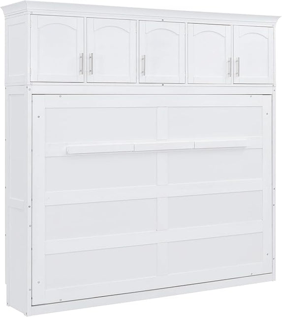 Merax Farmhouse Solid Wood Murphy Bed Chest with Top Cabinets, Storage Wall Platform Bed with Wood Slat Support/Space Saving Queen,White - LeafyLoom