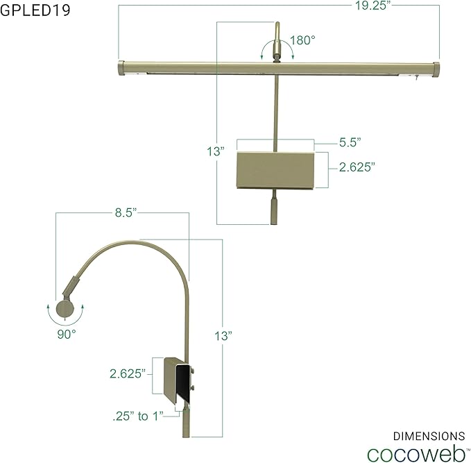 Cocoweb 19" Grand Piano Lamp - Adjustable, Antique Brass Finish, LED Clip-on with Dimmer - GPLED19ABD - LeafyLoom