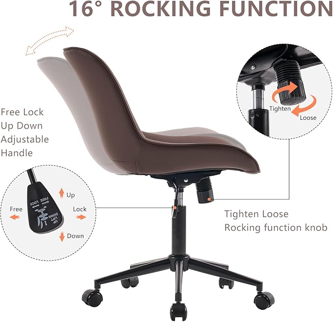 YOUNIKE Desk Chair with Wheels Armless Office Chair Swivel Rolling Task Chair with Back Upholstered Faux Leather Computer Chair Height Adjustable Modern Ergonomic Seat, Loads 300 lbs, Brown - LeafyLoom