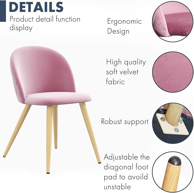 Accent Living Room Chairs - Pink Velvet Dining Chairs Set of 2, Vanity Armless Chair for Makeup Room, Bedrooms, Kitchen, Upholstered Side Chairs with Wooden-Like Legs - LeafyLoom