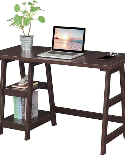 Convenience Concepts Designs2Go Trestle Desk with Charging Station and Shelves, Espresso - LeafyLoom