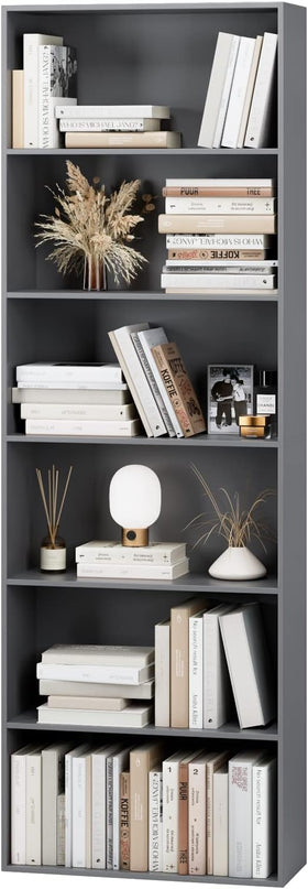 FOTOSOK 6-Tier Open Bookcase and Bookshelf, Freestanding Display Storage Shelves Tall Bookcase for Bedroom, Living Room and Office, Dark Gray - LeafyLoom