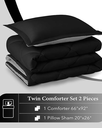 downluxe Twin Comforter Set - Black and Grey Twin Comforter, Soft Bedding Sets for All Seasons -2 Pieces - 1 Comforter (66"x92") and 1 Pillow Sham(20"x26") - LeafyLoom