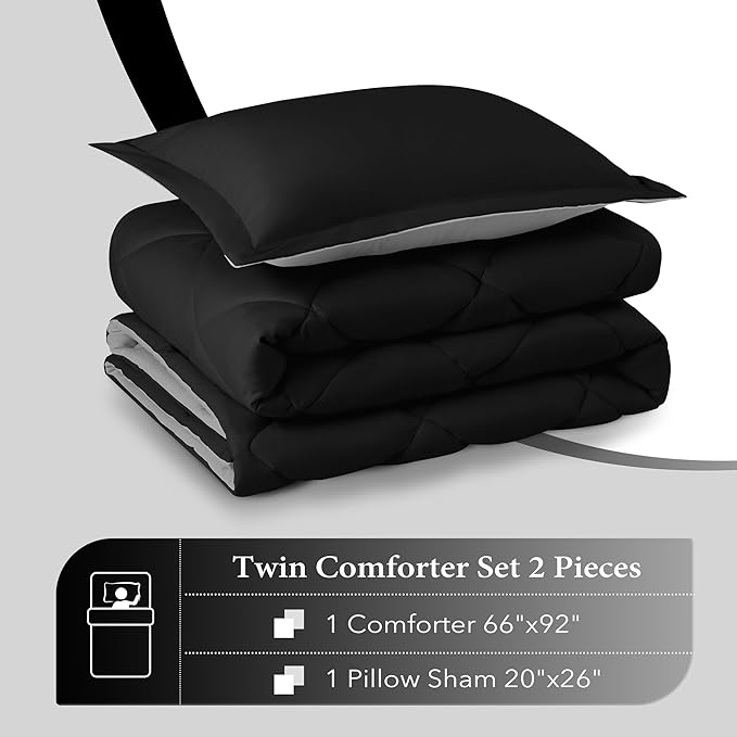 downluxe Twin Comforter Set - Black and Grey Twin Comforter, Soft Bedding Sets for All Seasons -2 Pieces - 1 Comforter (66"x92") and 1 Pillow Sham(20"x26") - LeafyLoom