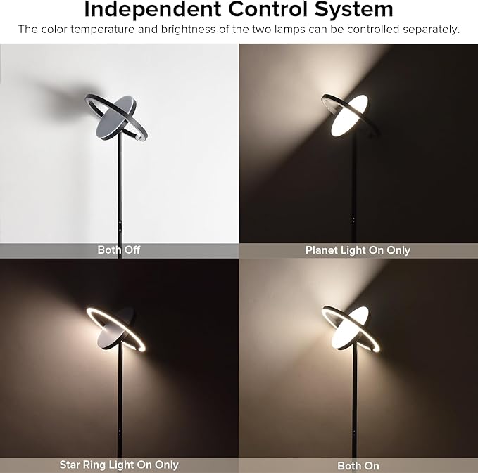 FIMEI Floor Lamp, Sky Modern Bright Standing Lamp with Rotatable Outer Ring Light, 3 Color Temperature and Stepless Dimming, Remote/Touch Independent Control for Living Room Bed Room Office, Black - LeafyLoom