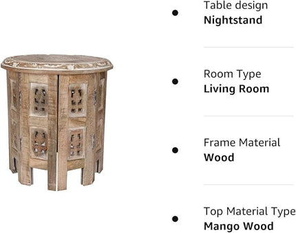 Round Side Table,Small Table, Round End Table,Side Table, Side Tables Living Room, Altar Table, Carved Side Table,Wood Accent Table,Carved Wood Table 12" Round Top x 12" High White Wash - LeafyLoom