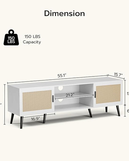 TV Stand for TVs up to 65'', Mid Century Modern Entertainment Center with Rattan Door, Shelves & 2 Cabinets, Boho Media TV Console for Living Room, Bedroom, White - LeafyLoom