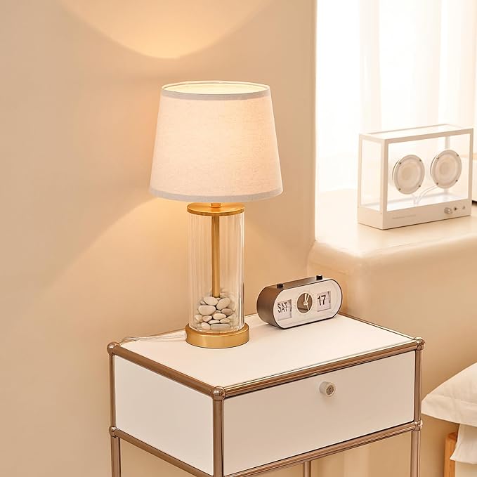 Globe Electric 61000063 20" Fillable Ribbed Glass Table Lamp, Matte Brass Accents, Beige Linen Shade, On/Off Rotary Switch on Socket, for Living Room, Bedroom, Office, Home Décor - LeafyLoom