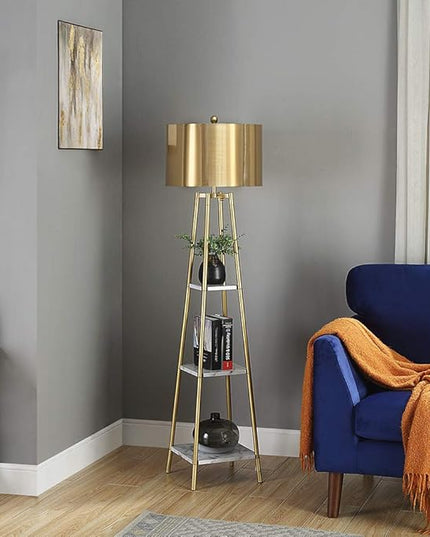 Floor Lamp, Standing Reading Light with Shelves and Gold Shade, Modern Tall Pole Lamp, Accent Furniture Décor Lighting for Living Room, Bedrooms - LeafyLoom
