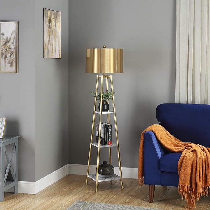 Floor Lamp, Standing Reading Light with Shelves and Gold Shade, Modern Tall Pole Lamp, Accent Furniture Décor Lighting for Living Room, Bedrooms - LeafyLoom