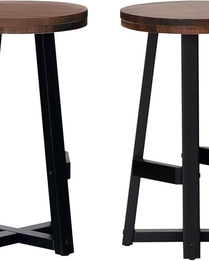 Walker Edison Rustic Distressed Solid Wood Round Dining Room Counter Top Bar Stool, 24 Inch, Mahogany - LeafyLoom
