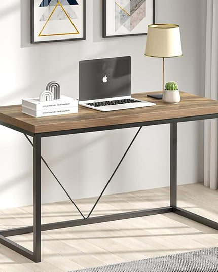 FOLUBAN Modern Home Office Desk, Rustic Wood and Metal Computer Desk, Industrial Study Writing Gaming Table Workstation, Vintage Laptop PC Desk, Oak 47 Inch - LeafyLoom