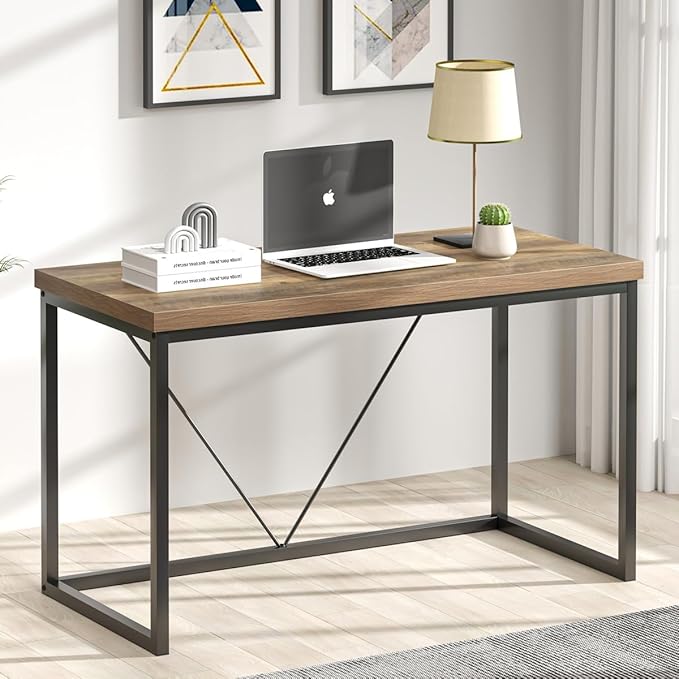 FOLUBAN Modern Home Office Desk, Rustic Wood and Metal Computer Desk, Industrial Study Writing Gaming Table Workstation, Vintage Laptop PC Desk, Oak 47 Inch - LeafyLoom