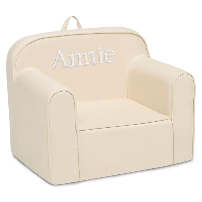 Delta Children Personalized Cozee Chair - Customize with Name – Foam Kids Chair for Ages 18 Months and Up, Oatmeal - LeafyLoom