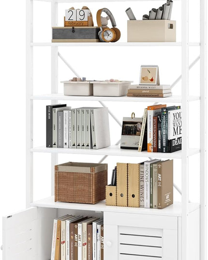 Storage Cabinet with 4 Open Shelves,1 Cupboard,White Bathroom Display Standing Shelf, White Wooden and Metal Frame Shelf for Living Room, Bathroom Bedroom, Home Office Organizer - LeafyLoom