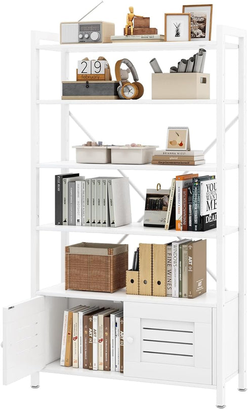 Storage Cabinet with 4 Open Shelves,1 Cupboard,White Bathroom Display Standing Shelf, White Wooden and Metal Frame Shelf for Living Room, Bathroom Bedroom, Home Office Organizer - LeafyLoom