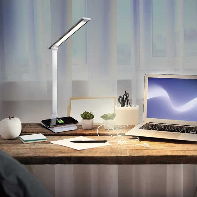 OttLite Entice LED Desk Lamp with Wireless Charging – Folds Down, Adjustable Arm & Shade, Touch Controls, 3 Color Temperatures, ClearSun LED, for Work, Study, Reading, Crafting - LeafyLoom