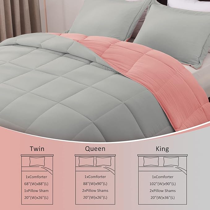 Basic Beyond Twin Comforter Set for Girls and Boys - Fluffy Twin Bed Comforter Set for All Seasons - Reversible Pink and Grey Twin Comforter Set - 2 Pieces (1 Comforter + 1 Pillow Sham) - LeafyLoom