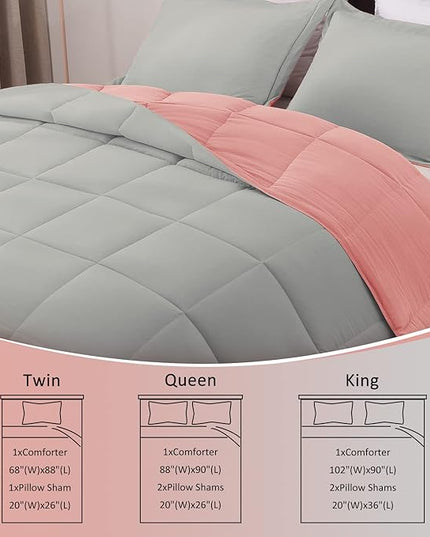 Basic Beyond King Size Comforter Set - Fluffy King Bed Comforter Set for All Seasons - Reversible Pink and Grey Comforter Set King - 3 Pieces (1 Comforter + 2 Pillow Shams) - LeafyLoom