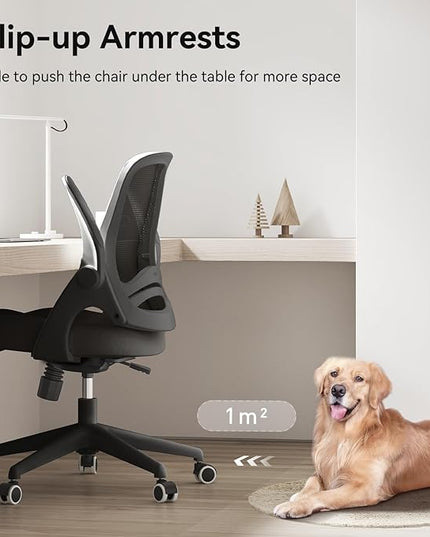 Hbada Office Chair, Desk Chair with Flip-Up Armrests and Saddle Cushion, Ergonomic Office Chair with S-Shaped Backrest, Swivel, Mesh, for Home and Office, Black - LeafyLoom