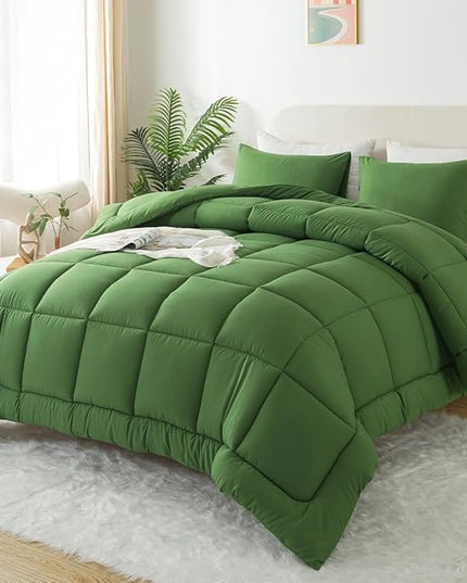 WhatsBedding King Comforter Set,Olive Green Lightweight 3 Pieces Bedding Set for All Season Soft Down Alternative Bed Set with 2 Pillowcases, King Size, 102"x90" - LeafyLoom
